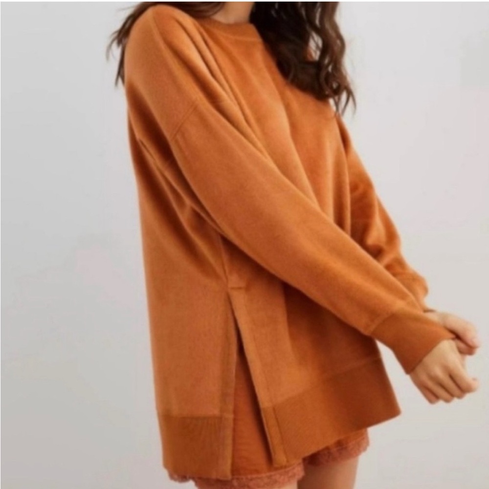 Aerie Coziest Crew Sherpa Velour Oversized Side Slit Sweatshirt Size M - Picture 2 of 11